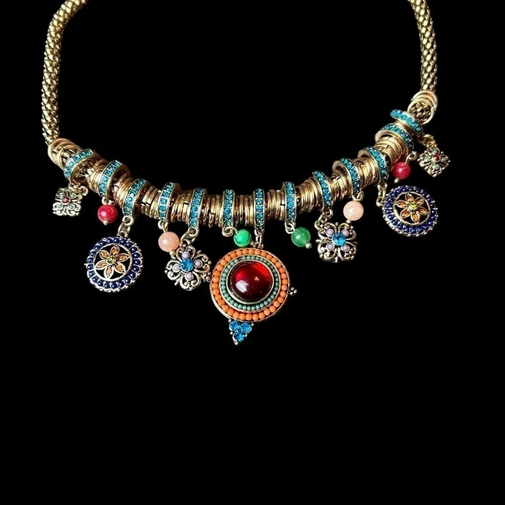 Gold Tone Necklace W/ Jewel Tone Beaded & Rhinestone Charms and Medallions - Picture 2 of 16